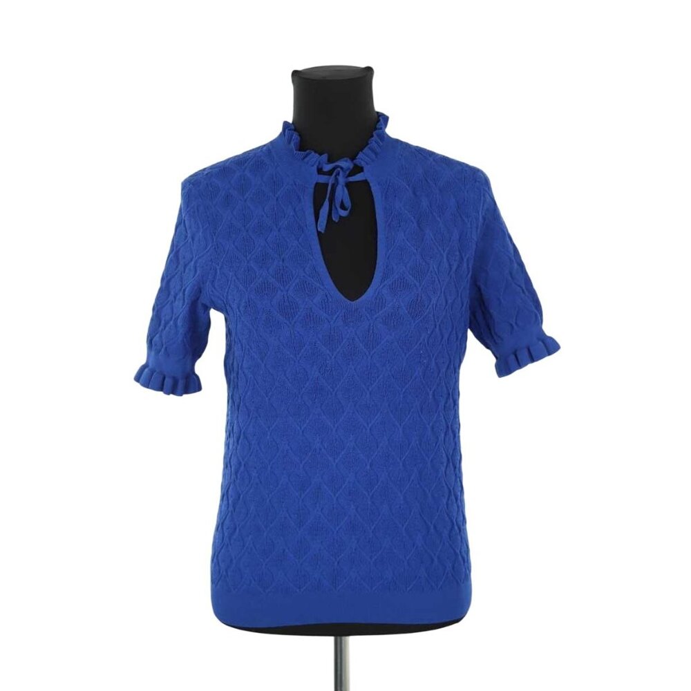 SANDRO cobalt blue knit short sleeve top with ruffle details